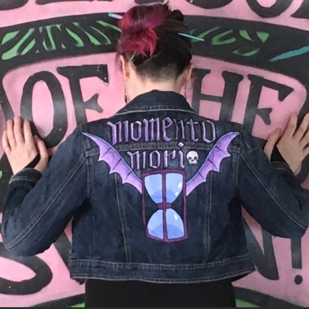 Momento Mori Winged Hourglass Hocus Pocus Cemetery Inspired Custom Jean Jacket